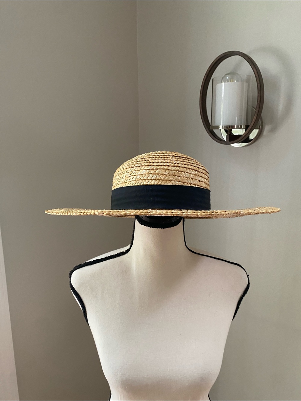 Womens stiff straw hat with black cotton bow summer mid brim